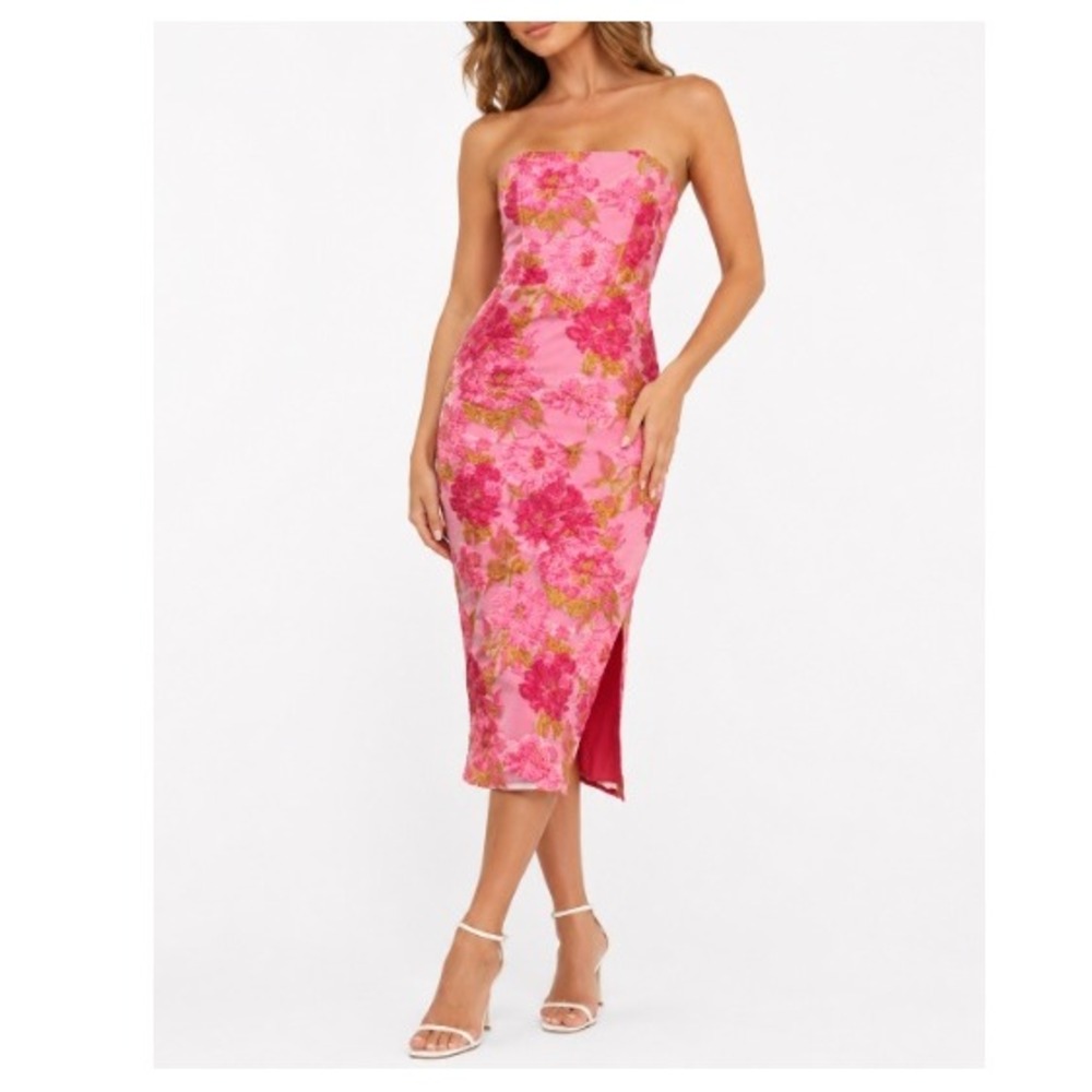 Lulus Pink Upgraded Event Jacquard Strapless Bustier Midi Dress‎ Size M